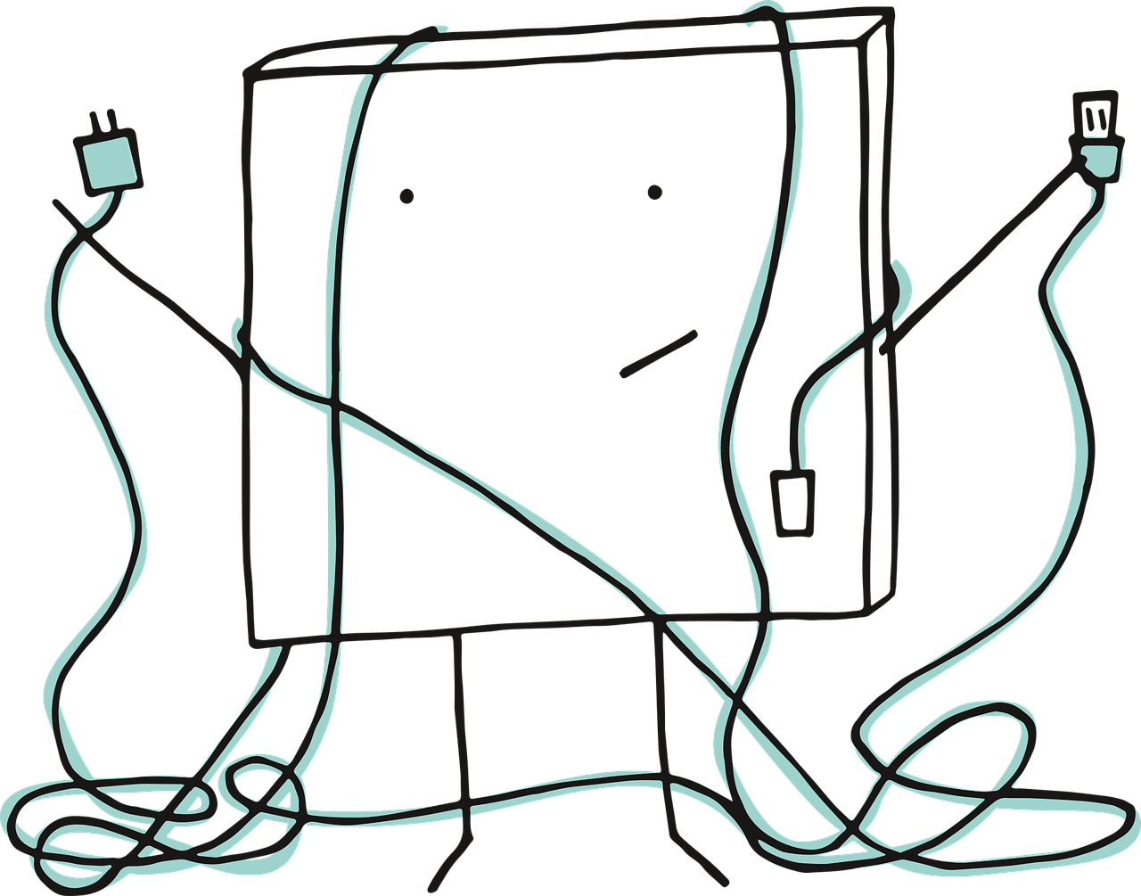 Vector graphic of cartoon computer screen with tangled wires